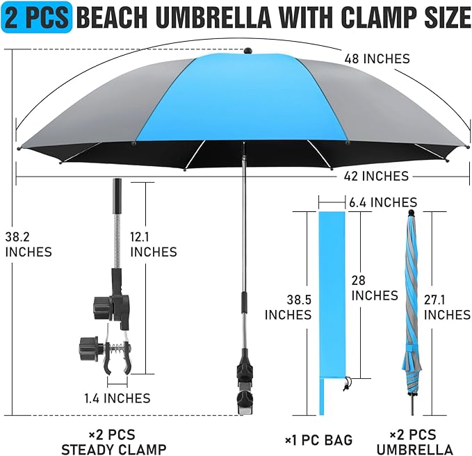2 Pack Beach Umbrella with 360 Universal Clamp, UPF50+ Umbrella Outdoor Patio Sun Protection for Chairs, Beach &Patio Use (Not Include Chair)