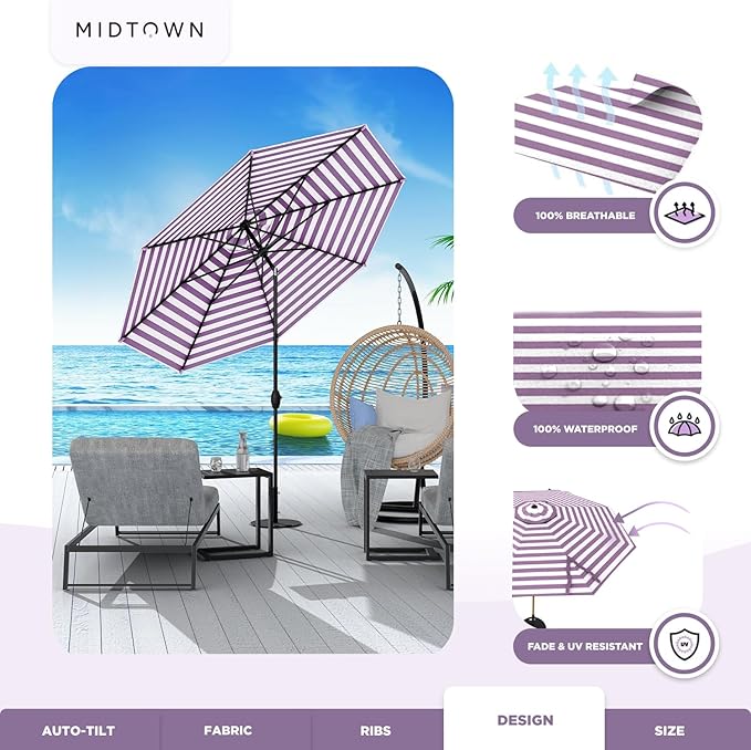 Midtown Umbrellas 10-Year-No-Fade - 8 Ft - UV Proof Purple/White Stripes Fabric - Umbrella Outdoor Patio, Auto-Tilt Aluminum Frame Patio Umbrella for Garden, Pool & Deck - Black Pole