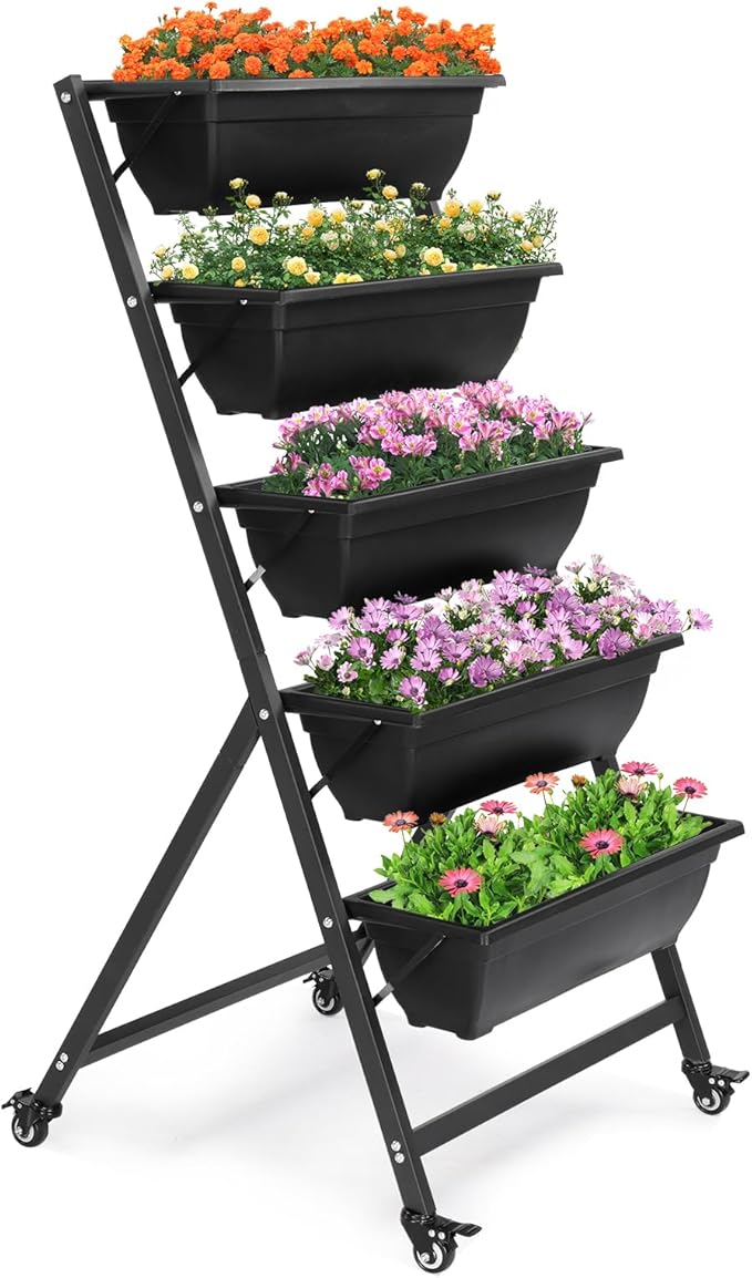 Vasitelan Vertical Raised Garden Bed, 5 Tiers Vertical Raised Garden Planter, Garden Raised Bed with 4 Wheels, Vegetable Flower Planter Raised Stand for Garden Patio Yard, Black