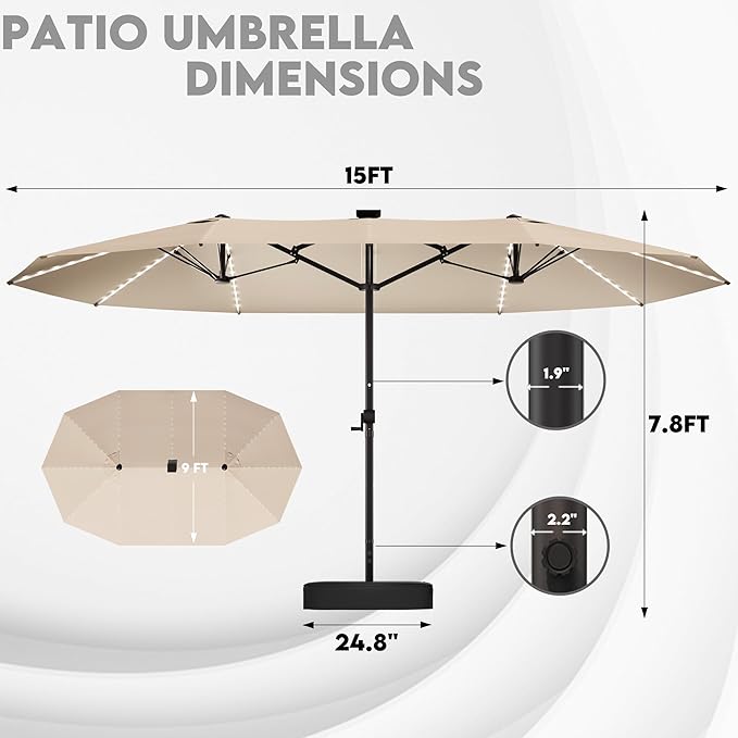 15ft Large Patio Umbrella with Solar Lights, Outdoor Double-Side Rectangular Umbrella with Base Included, Backyard Pool Umbrella with LED Light for Deck, Outside, Market, Beige