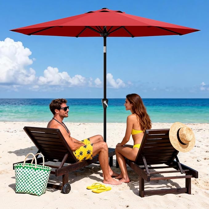 GarveeLife 9FT Umbrella Outdoor Patio, Table Umbrella with Push Button Tilt and Crank, 8 Sturdy Ribs Waterproof UV Protection for Garden, Pool, Deck, Backyard, Market (Red)