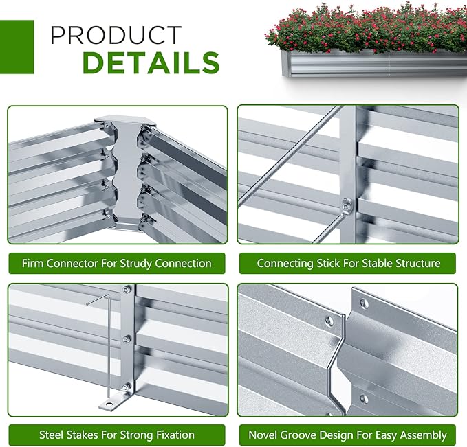 8×4×1FT Galvanized Raised Garden Bed Kit, PETNOZ Easy Quick Setup Raised Garden Boxes Outdoor With Metal Stake To Fix, Optional Size Rustproof Planter Box With No Bottom For Vegetables, Flowers, Herbs