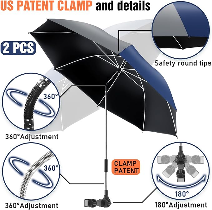 2 Pack Beach Umbrella with 360 Universal Clamp, UPF50+ Umbrella Outdoor Patio Sun Protection for Chairs, Beach &Patio Use (Not Include Chair)
