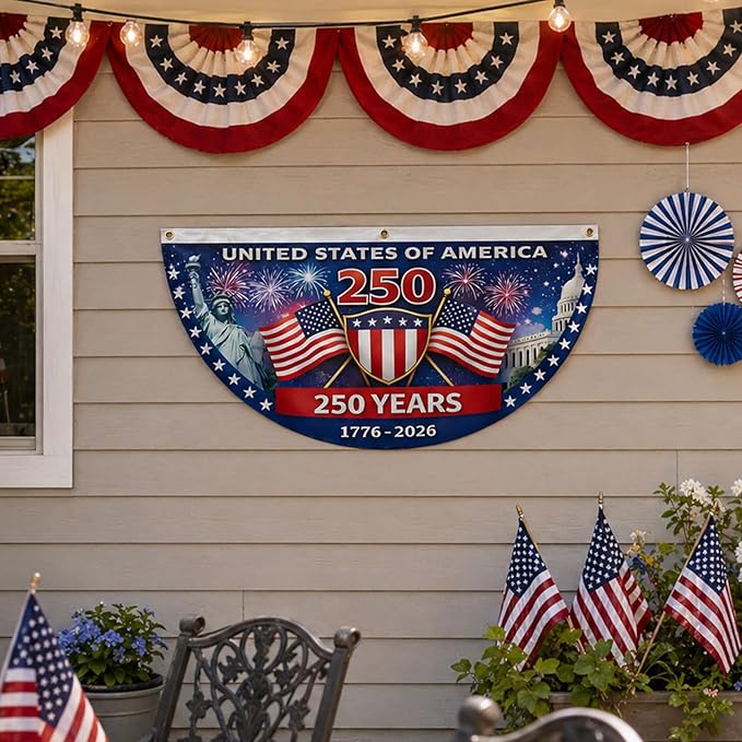 2 Pack 250th Anniversary Bunting Flag 35x18 Inch – Patriotic USA Fan Banner 1776-2026, Outdoor Half Circle Polyester Flags with Brass Grommets for Porch, Fence, Window, Independence & Memorial Day Decor