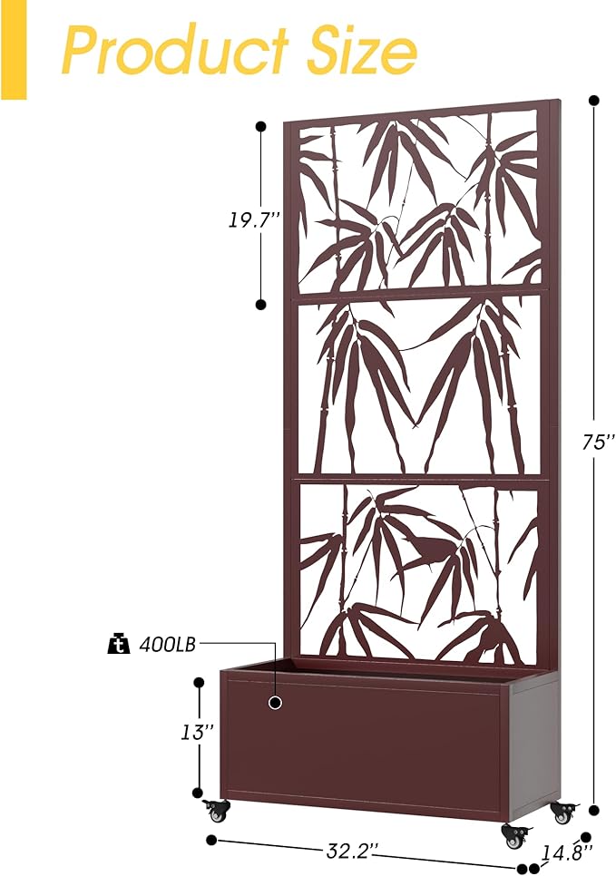 Metal Planter Box with Trellis, 71"x 35"x 16" Raised Garden Bed with Trellis, Planter Box Trellis with Privacy Screen, Drainage Holes and 4 Lockable Wheels, Brown, Bamboo Style