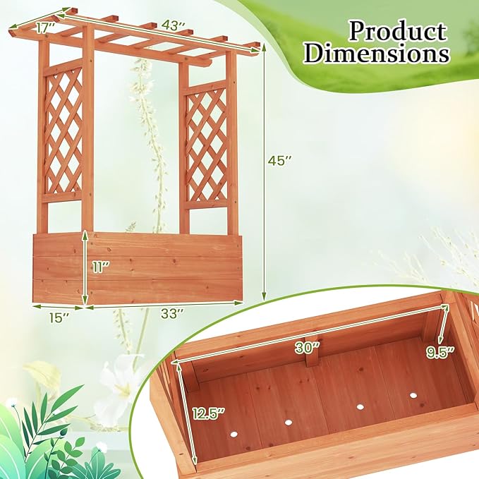 HAPPYGRILL Raised Garden Bed with Trellis, Wooden Elevated Planter Box w/Hanging Roof, Drainage Holes & Removable Bottom Panels for Climbing Vine Flower, Indoor Outdoor Wood Planter for Yard Patio