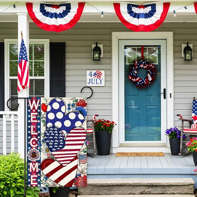 Independence Day Garden Flag for Outside,4th of July Patriotic Welcome Yard Flags,American Stars and Stripes Love Heart Memorial Day Lawn Porch Outdoor Decor 12x18 Double Sided