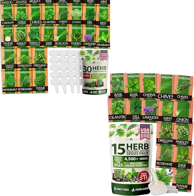 HOME GROWN 15 & 30 Culinary Herb Seeds Pack – 14,000+ Non-GMO USA Heirloom Seeds | Indoor & Outdoor Garden Variety for Hydroponics, Raised Beds, Windowsills & Kitchen Use