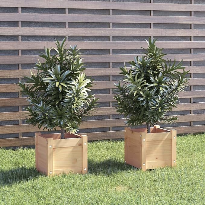Garden Planters 2 pcs 12.2"x12.2"x12.2" Solid Wood Pine Planter Boxes for Outdoor Garden Patio Vegetable Flower Beds Raised Planter Box with Drainage for DIY Garden Decor