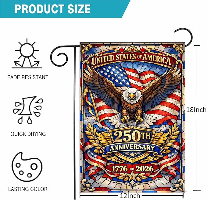 Stained Glass Patriotic Garden Flag 12x18 Inch, 250th Anniversary 1776-2026 American Eagle Flag, 4th of July Independence Day Yard Outdoor Decor, Double Sided Burlap