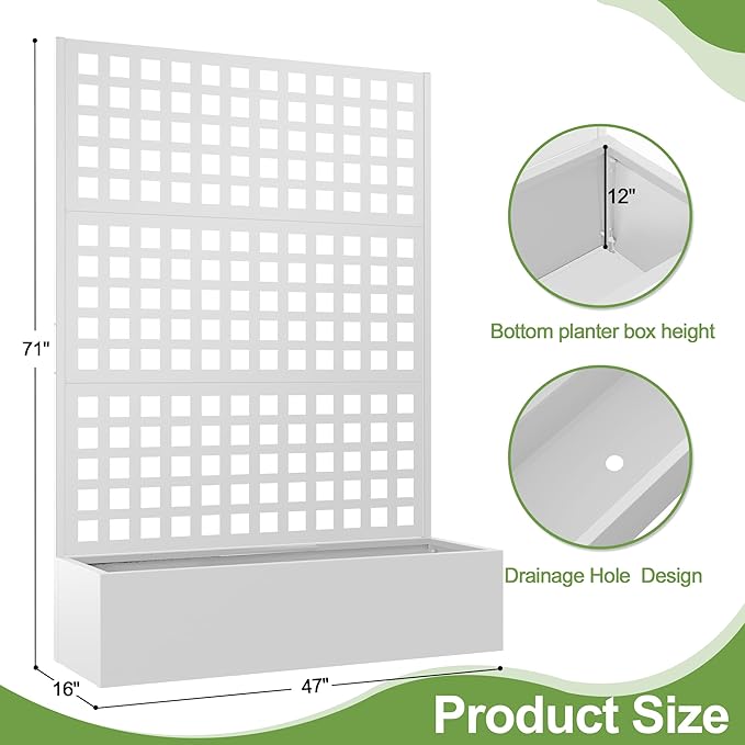 Metal Raised Garden Bed, Trellis Planters Bed with Drainage Holes for Climbing Plants, Vegetables Outdoor Privacy Screen with Planter Box 73"x47"x16", White