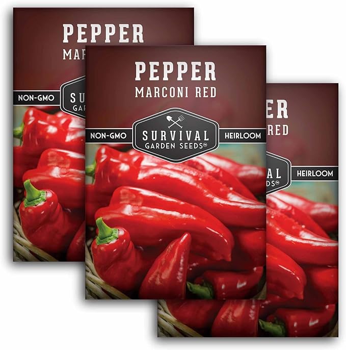 Marconi Red Pepper Seeds for Planting | Sweet Italian Heirloom Non-GMO Peppers for Roasting or Eating Fresh – Survival Garden Seeds (3 Packs)