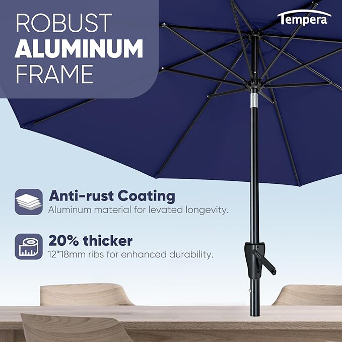 Tempera Patio Market Outdoor Table Umbrella with Auto Tilt and Crank, Large Sun Umbrella with Sturdy Pole & Fade Resistant Canopy, Easy to Set