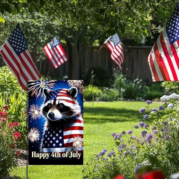 Happy 4th of July Raccoon Garden Flag 12x18 Double Sided, Small Burlap Holiday Independence Day Memorial Day Patriotic Yard Flags for Outside Fourth of July Decoration Outdoor Garden Décor