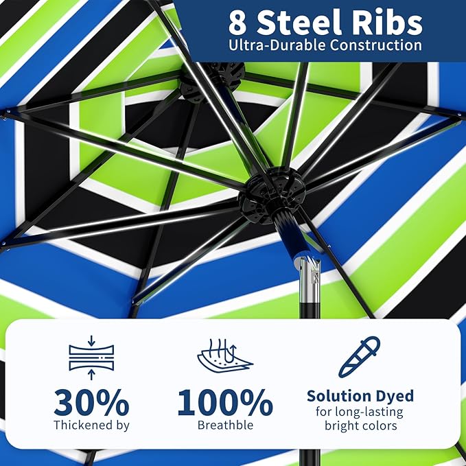 GarveeLife 9FT Patio Umbrella Outdoor, Table Umbrella with Push Button Tilt and Crank, 8 Sturdy Ribs UV Protection Waterproof for Garden, Pool, Market, Deck (Tricolor Stripe)