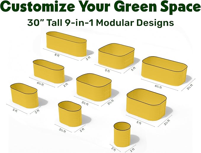 9-in-1 Galvanized Raised Garden Beds Outdoor // 8×2×2.5 ft Modular Planter for Gardening, Vegetables, Flowers // 32" Extra Tall Metal Raised Garden Bed (Yellow) // Patented Design Planter Box