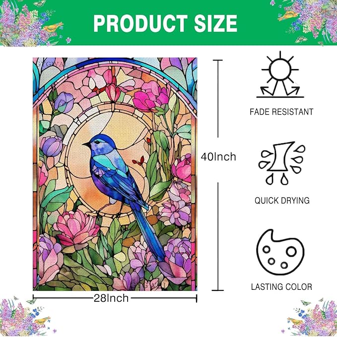 Stained Glass Hummingbird Garden Flags for Outside Spring Summer House Flag Flowers Large Burlap Yard Flag 28x40 Inch Double Sided Seasonal Outside Decoration