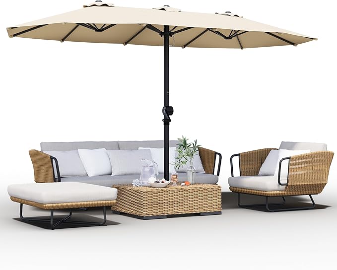 15FT Large Patio Umbrella, Outdoor Deck Standing Umbrella with Crank Handle, Double-Side Rectangular Pool Umbrella for Outside, Market, Patio, Beige (Base Not Include)
