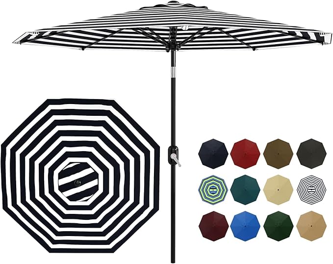 9 ft Patio Umbrella - 8 Sturdy Ribs Outdoor Table Umbrella with Crank Lift & Push Button Tilt - Market Umbrella for Pool, Deck, Yard, Garden - Black & White Stripe