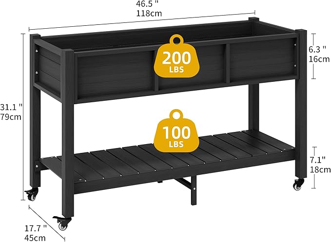 DWVO 47x18x31in Raised Garden Bed Outdoor HDPE with Legs and Lockable Wheels, Weather-Resistant Poly-Wood Elevated Planter Box, Double Tier Planters for Backyard Patio Balcony, Black