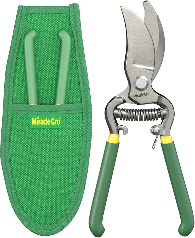Miracle-Gro 8 in. Bypass Pruning Shears with Belt Pouch – 1/2 in. Cutting Capacity Hand Pruner with Carbon Steel Blade and Comfort Grip – Garden Tool for Live Plants and Soft Stems