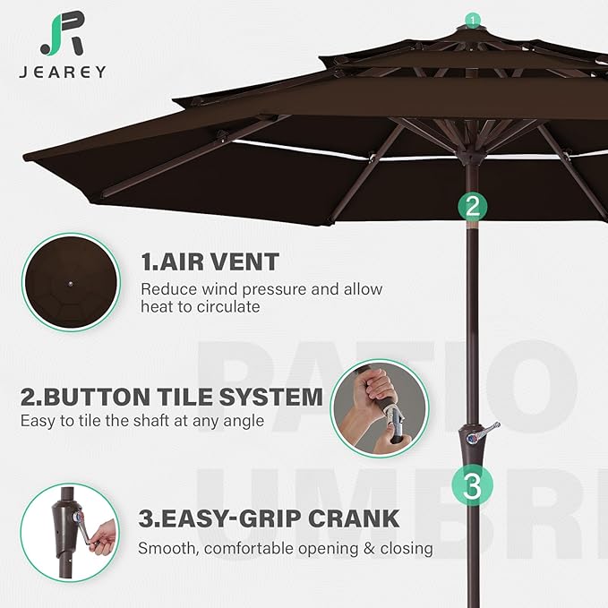 JEAREY 9FT 3 Tier Patio Umbrella Outdoor Market Umbrella Table Umbrellas with Button Tilt and Crank UV Protection Outside Garden Pool Umbrella,Coffee