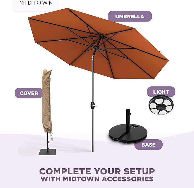 Midtown Umbrellas - 10-Year-No-Fade 6 Ft Patio Umbrella with Terylast Fabric, Auto-Tilt Aluminum Frame and 8 Reinforced Ribs for Deck, Pool, Garden & Beach - Terracotta Orange Canopy, Black Pole