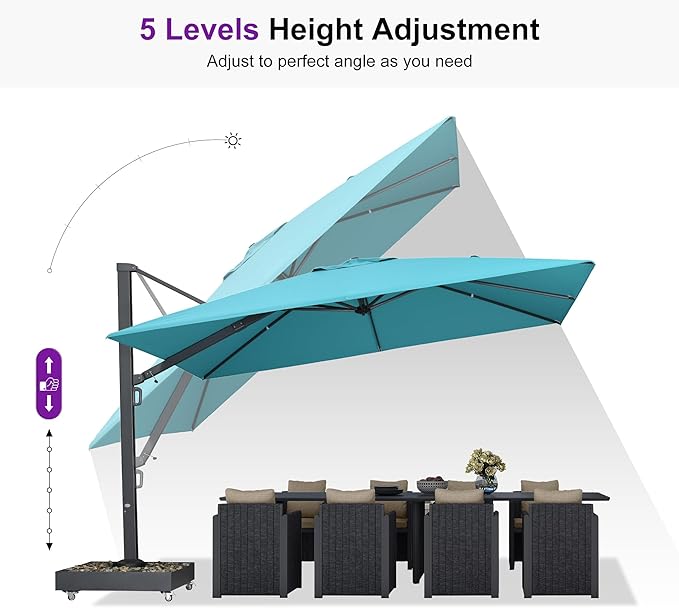PURPLE LEAF 12' X 9' Rectangle Patio Umbrella Large Outdoor Aluminum Offset Umbrella with 360-degree Rotation Cantilever Umbrella for Garden Deck Backyard Pool Turquoise Blue