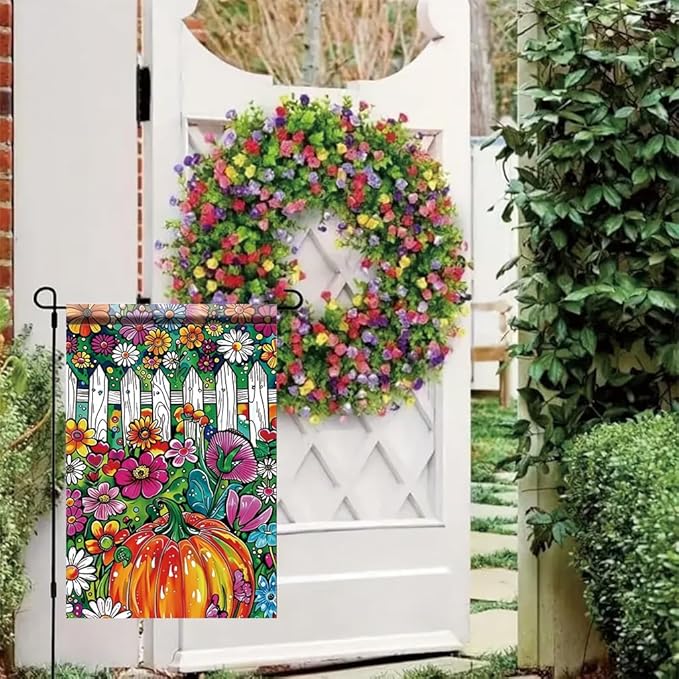 Pumpkin Flower Garden Flag 12x18 Inch Double Sided Outdoor Yard Banner Colorful Floral Fence and Pumpkin Design for Autumn Fall Harvest Patio Porch Lawn Decoration