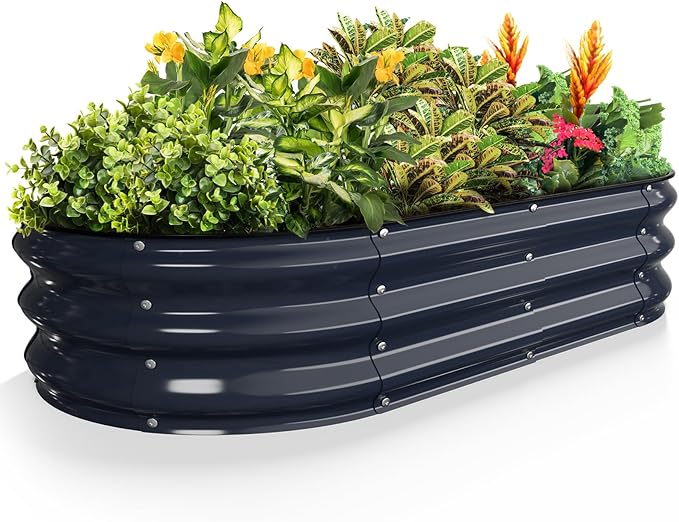 Kesfitt Raised Garden Bed, 4x2x1 FT Galvanized Steel Metal Raised Garden Bed, Oval Open-Bottom Design, 12-Inch Deep for Outdoor Vegetable & Herb Gardening, Midnight Blue