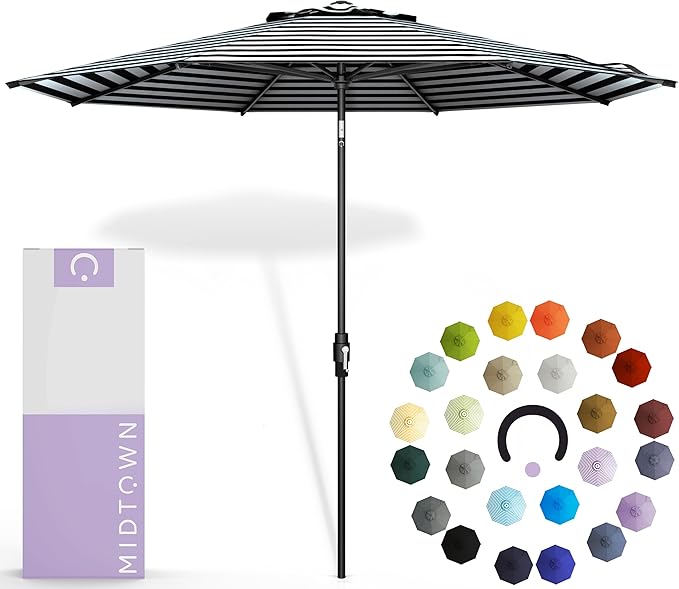 The Swilt 10 Feet Outdoor Umbrella With Terylast Zebra (Black/White Stripes) Polyester Fabric - Fiberglass Ribs, Auto-Tilt And Swivel Aluminum Frame Patio Umbrella For Deck, Garden, Pool - Black Pole