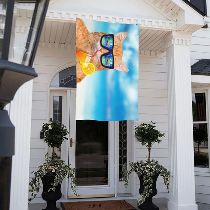 Outdoor Flags Cat Summer Garden flag Double Sided Yard Flags 3x5FT Spring Summer Holiday Garden Decor for Outside, Lawn, Porch, Balcony.
