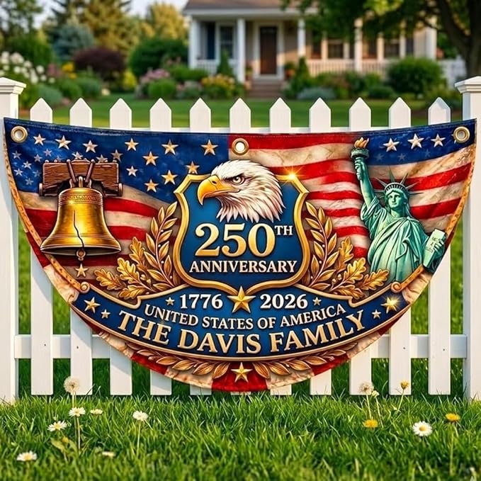 Custom America 250th Anniversary Bunting Flag, Personalized Name Semiquincentennial Flag, America 1776 2026 Banner, USA 250 Years Outdoor Decor, Patriotic Family Family Porch, Fence