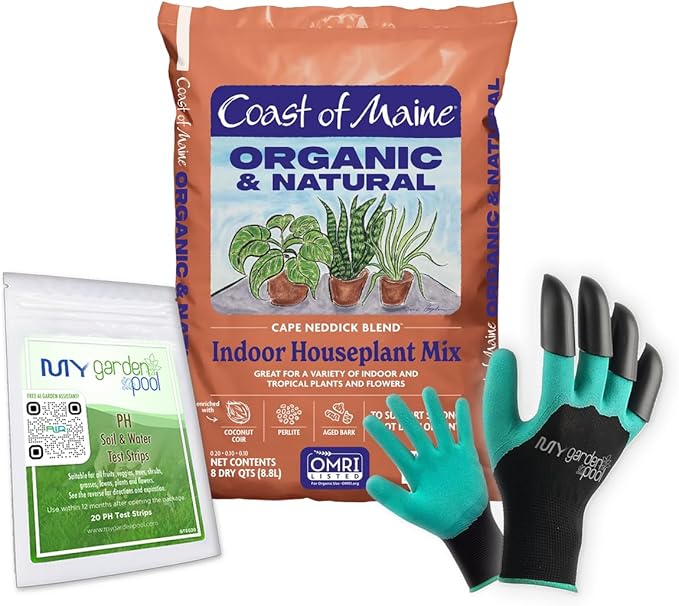 Coast of Maine HP4500 Cape Neddick Indoor Houseplant Mix 8 qt with My Garden Pool 7-in-1 Soil Test Strips, 20 ct. and Claw Gardening Gloves