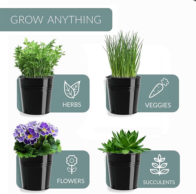 Barnyard Designs Indoor Herb Garden Planter Set with Tray, Metal Windowsill Plant Pots with Drainage for Outdoor or Indoor Plants, Set/3 (Black)