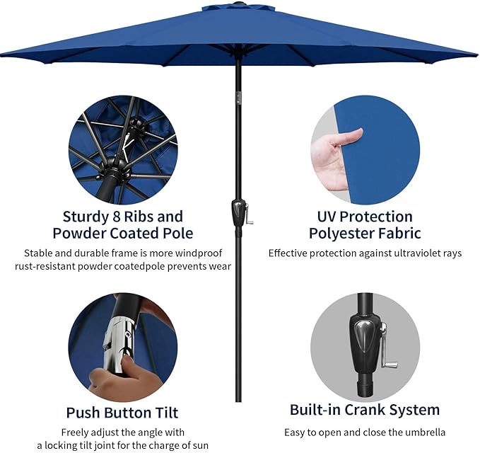 Simple Deluxe 9' Patio Umbrella Outdoor Table Market Yard Umbrella with Push Button Tilt/Crank, 8 Sturdy Ribs for Garden, Deck, Backyard, Pool, Blue