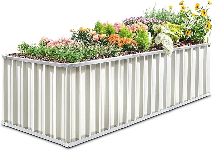 KING BIRD Galvanized Raised Garden Bed with 2 Installation Methods for DIY, 101" x 36" x 24" Heightened Planter Kit Box Outdoor for Deep-Rooted Vegetables, Flowers, Ivory