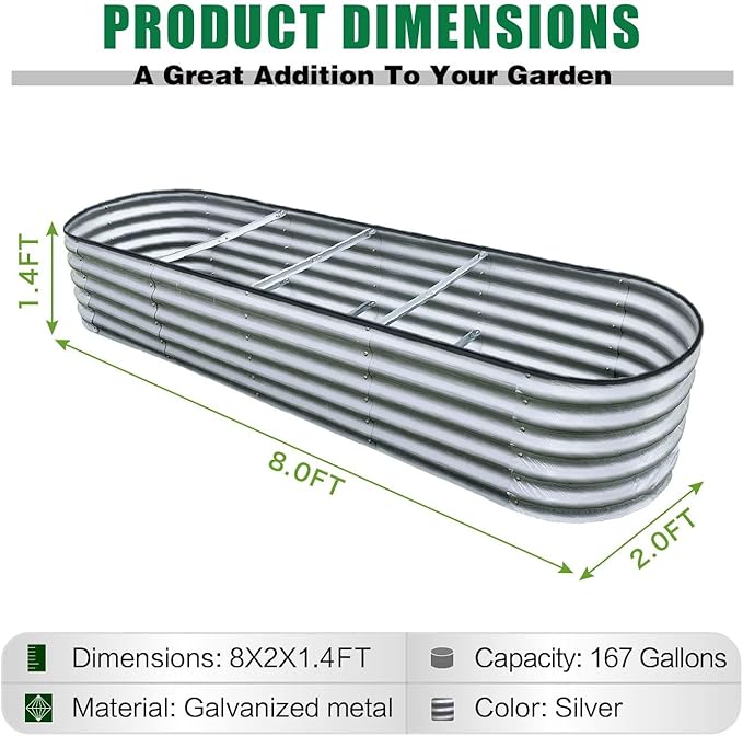 Raised Garden Beds for Vegetables Flowers Herbs (Silver-8x2x1.4FT-1Pack, Oval)