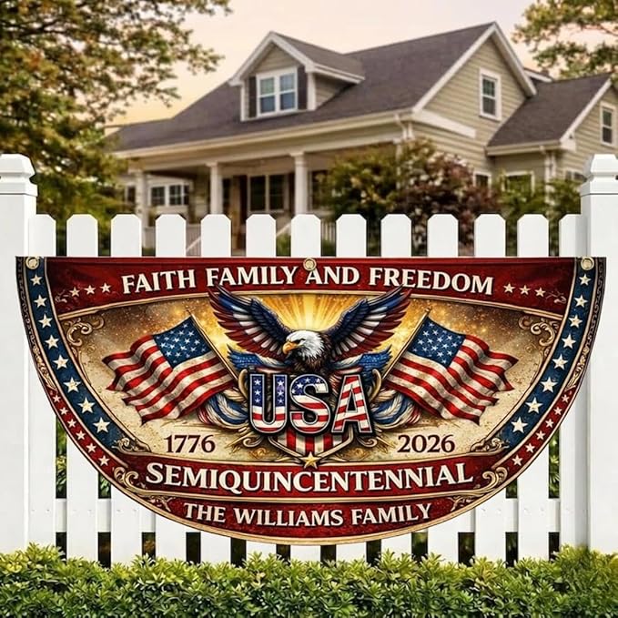 Personalized USA 250 Years of Freedom Fence Flag 1776–2026, Custom Patriotic Eagle Semicircle Banner Gift for Family, America 4th of July Outdoor Yard Decor, 250 Years Anniversary Banner