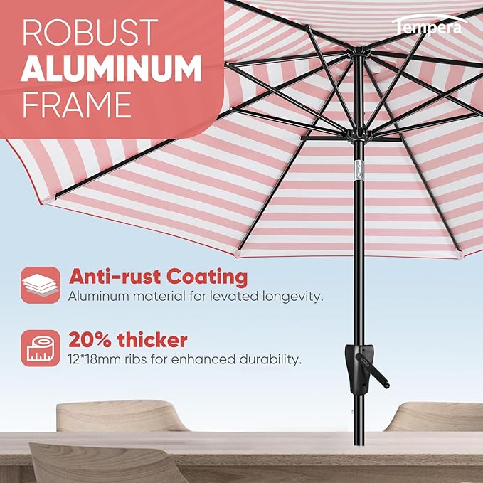 Tempera Patio Market Outdoor Table Umbrella with Push Button Tilt and Crank, Large Sun Umbrella with Sturdy Pole & Fade Resistant Canopy, Easy to Set