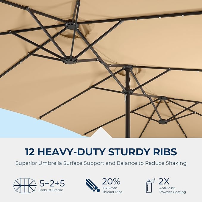 HOMSHADE Double Sided Patio Umbrellas - 15ft Solar Lights LED Lighted Outdoor Extra Large Market Table Umbrella with Base Included, Oversized Umbrella for Deck, Pool, Backyard (Beige)