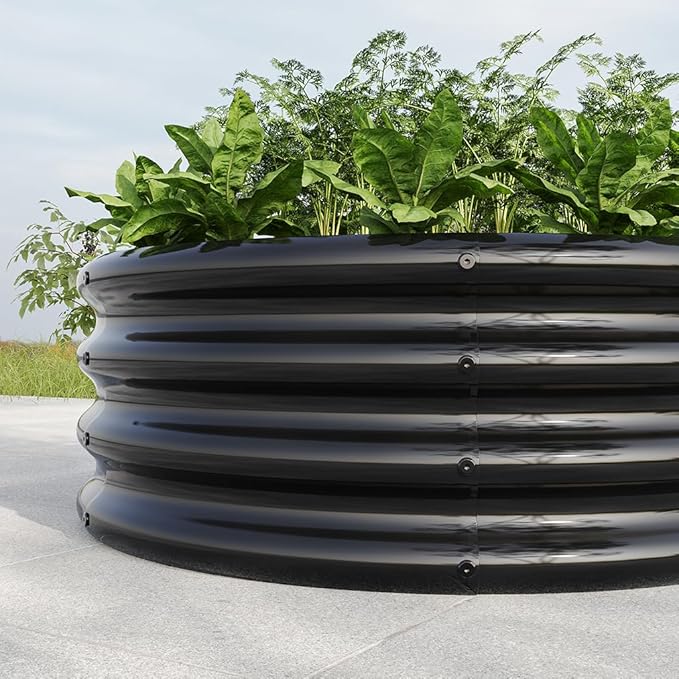 Round Galvanized Raised Garden Bed kit, Steel Fire Pit Ring Flower Planter Metal Above Ground Boxes Kit Patio Ground Planter for Planting Vegetables and Herb,Black,32.1"×11.4"