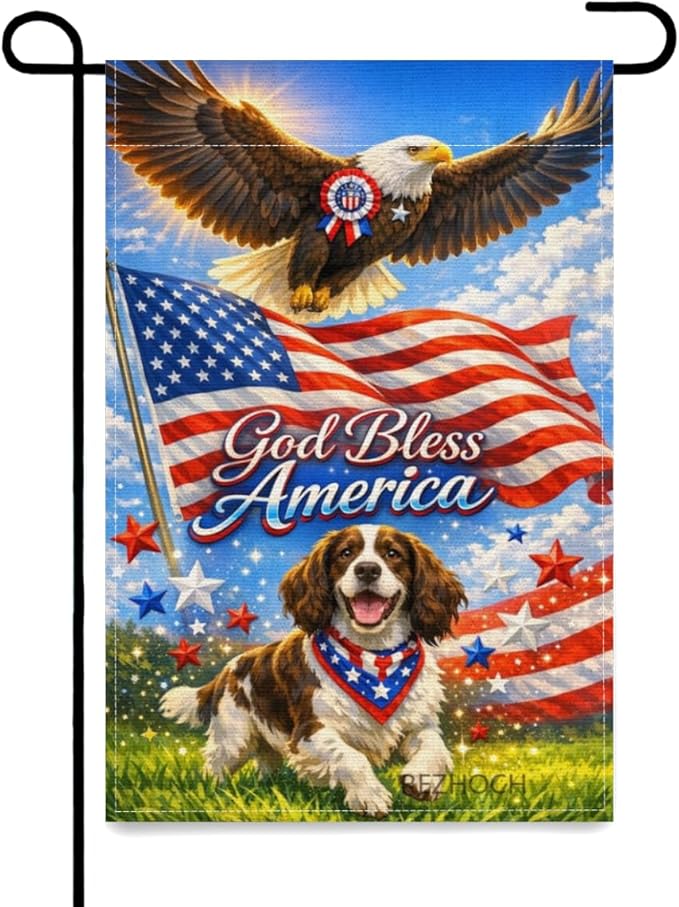 Patriotic English Springer Spaniel Garden Flag 12x18 Inch,American Independence Day Outdoor Yard USA Flag Funny Animal,Red White Blue 4th of July Lawn Porch Double Sided Outside Decor