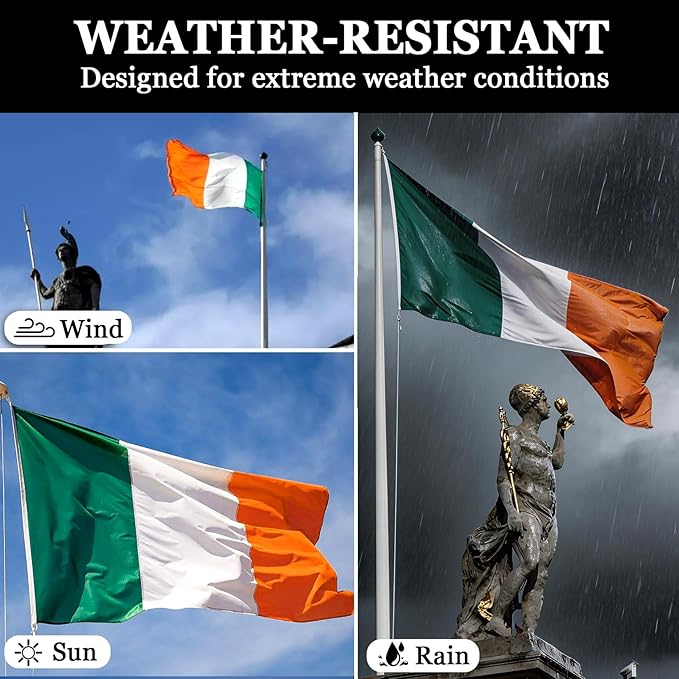 Irish Flag 3x5 Ft Tear-Shield 340D Polyester for Outdoor Large Double Sided Ireland National & Country Flag with Brass Grommets for Wall, Pole Green White Orange