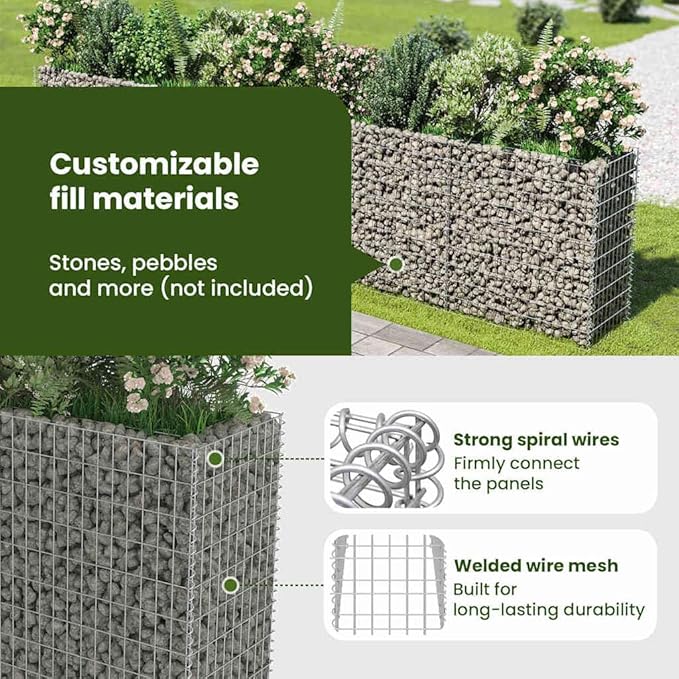 vidaXL Galvanized Steel Gabion Raised Bed/Planter - 177.2"x19.7"x39.4", Robust and Weather-, Ideal for Garden and Patio Plant or Flower Beds