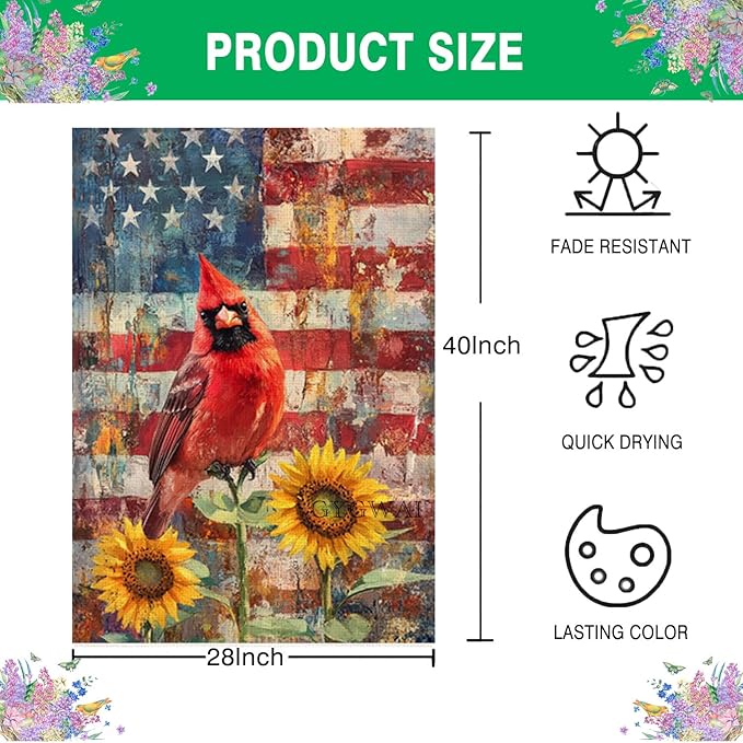 Cardinal Bird House Flag 28x40 Inch Double Sided, Patriotic 4th of July Sunflowers American Burlap Yard Flag for Memorial Day Independence Day Holiday Outside Decorations