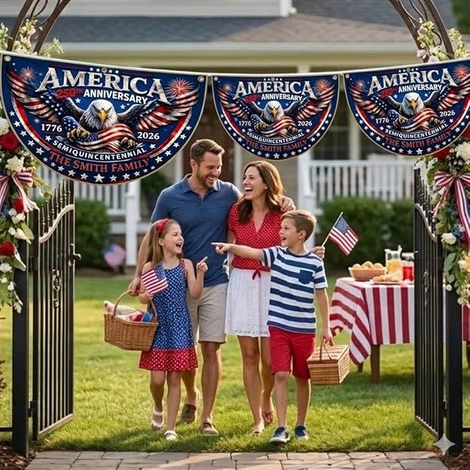 Custom Family Name 250th Anniversary Bunting Flag, Personalized America Birthday 1776 2026 Patriotic Outdoor Banner, July 4th Independence Porch Decor, Semicircle Fence Sign