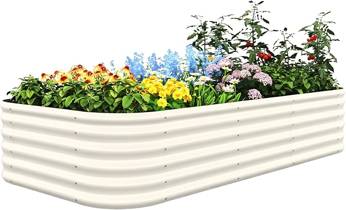 Quictent Raised Garden Bed Kit Oval Galvanized Metal Planter Box Tall for Vegetables Outdoor Backyard, Strengthened by Crossbar, Beige 8x4x1.5 ft
