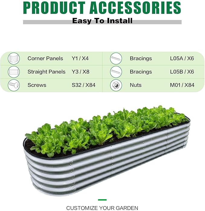 Raised Garden Beds for Vegetables Flowers Herbs (Silver-8x2x1.4FT-1Pack, Oval)