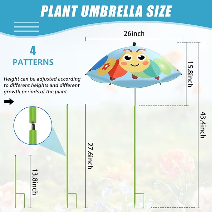 4 Pack Upgraded Plant Umbrellas for Outdoor Plants, 26" Larger Garden Plant Umbrella Shade with Adjustable Angle, 43.4" Higher Sun Shade with Animal Prints for Plants, Potted Plant, Garden Beds